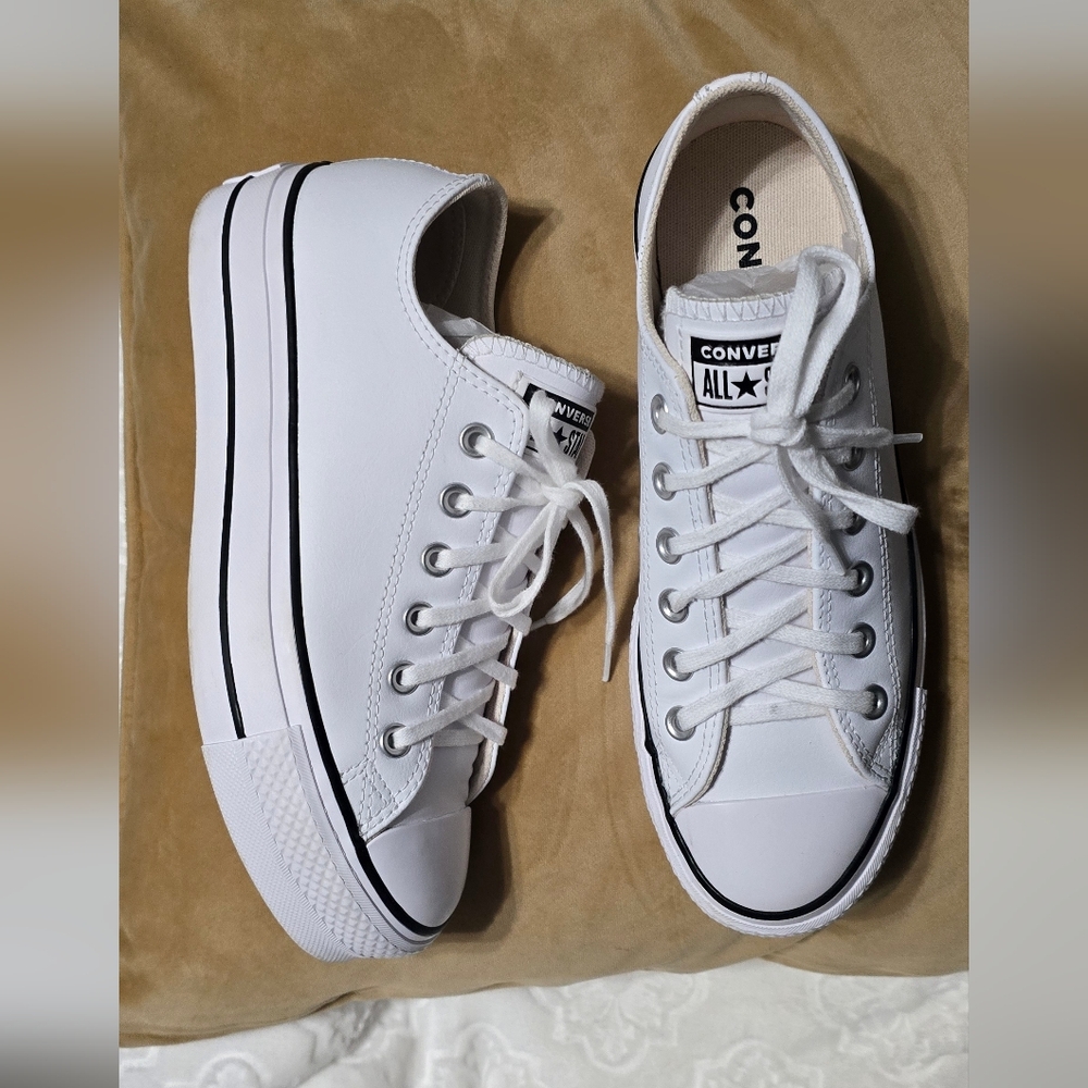 Converse White Low Top Platform Sneakers with Black Trim - Picture 6 of 12